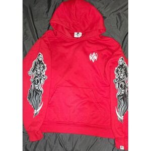 Warren Lotas Red Grim Reaper Scythe Graphic Sleeve Hoodie Mens Large WL Skull